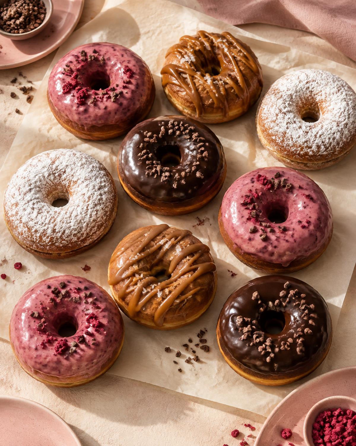 Selección de donas artesanales con glaseados de chocolate, frutos rojos y dulce de leche